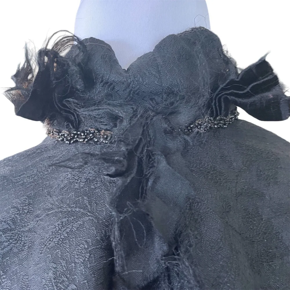 Victorian Edwardian Black Brocade Cape Feather Beaded